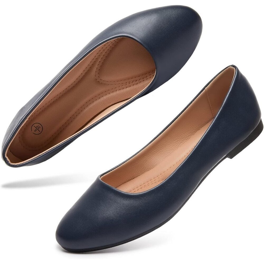 Women's Navy PU Leather Closed Toe Slip on Comfortable Ballet Flats Shoes